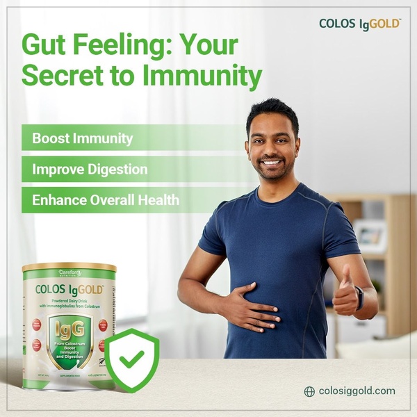 A square ad creative featuring a smiling man gesturing to his stomach alongside product imagery for Colos IgGold, highlighting health benefits.